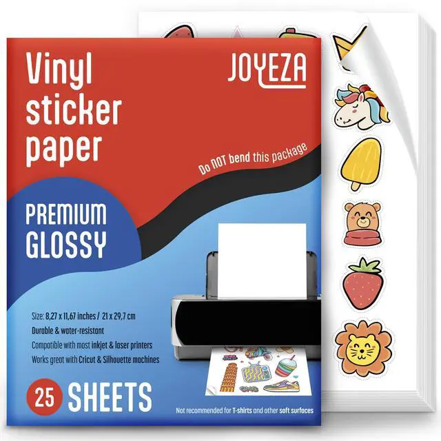 Main image of Premium Printable Vinyl Sticker Paper for Inkjet Printer - 25 Sheets Glossy White Waterproof, Dries Quickly Vivid Colors, Holds Ink Well - Inkjet & Laser Printer