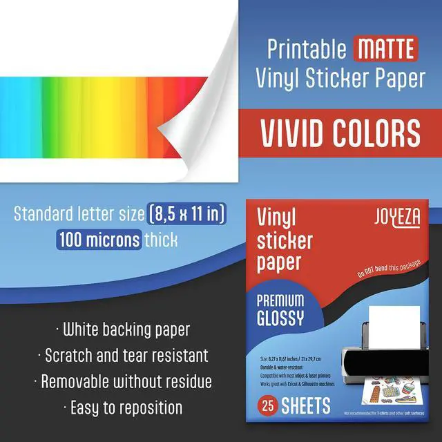 Alt view image 2 of 7 - Premium Printable Vinyl Sticker Paper for Inkjet Printer - 25 Sheets Glossy White Waterproof, Dries Quickly Vivid Colors, Holds Ink Well - Inkjet & Laser Printer