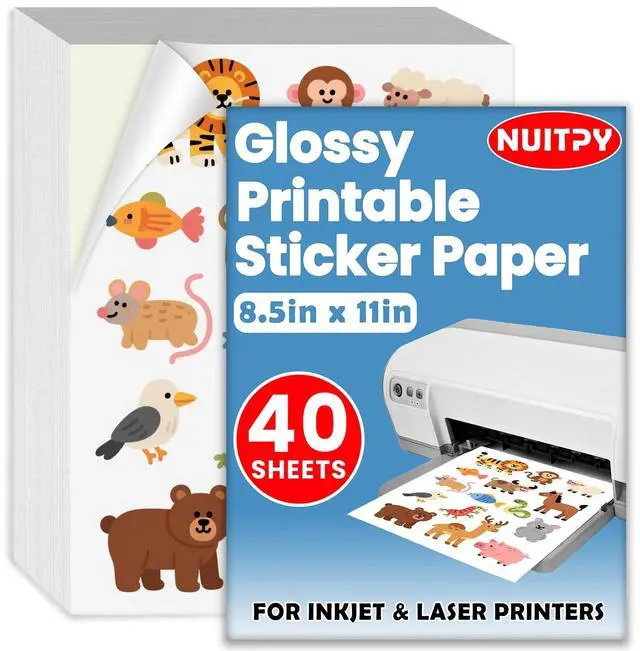 Main image of 40 Sheets Glossy Sticker Paper, 8.5in x 11in Sticker Paper for Inkjet & Laser Printer, Self-adhesive Printable Sticker Papers, Vibrant Colors, Dries Quickly, US Letter Size