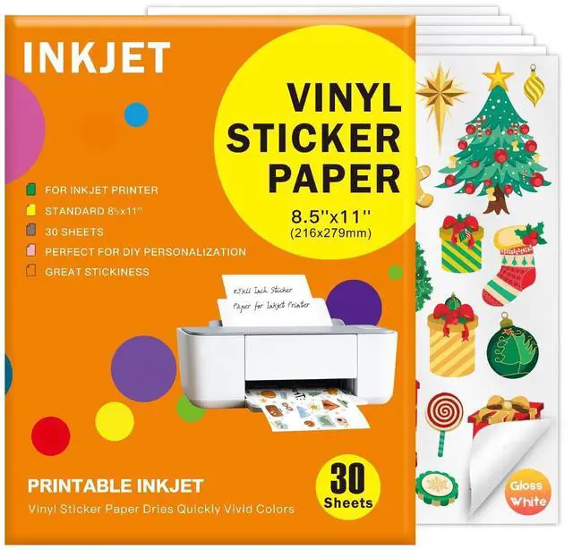 Main image of 30 Sheets Premium Printable Vinyl Sticker, Vinyl Glossy White Waterproof Sticker, Suitable for Inkjet Printers, Dries Quickly, Vivid Colors, Tear Resistant, 8.5x11" Great for Cutting Machines