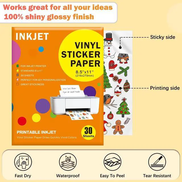 Alt view image 5 of 7 - 30 Sheets Premium Printable Vinyl Sticker, Vinyl Glossy White Waterproof Sticker, Suitable for Inkjet Printers, Dries Quickly, Vivid Colors, Tear Resistant, 8.5x11" Great for Cutting Machines