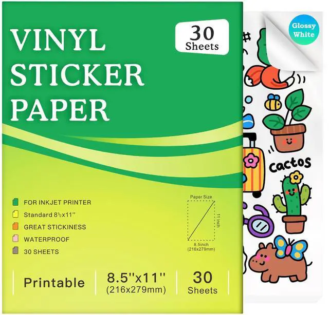 Main image of 30 Sheets Premium Printable Vinyl Sticker Paper for Inkjet Printer, Glossy White Waterproof, Dries Quickly, Vivid Colors, 8.5x11 Inkjet Vinyl Sticker Paper Great for Cutting Machines