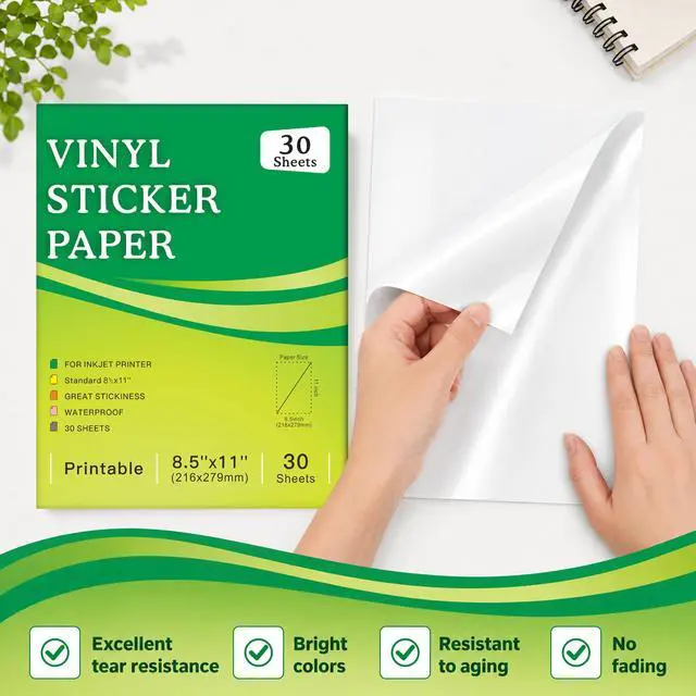 Alt view image 3 of 7 - 30 Sheets Premium Printable Vinyl Sticker Paper for Inkjet Printer, Glossy White Waterproof, Dries Quickly, Vivid Colors, 8.5x11 Inkjet Vinyl Sticker Paper Great for Cutting Machines
