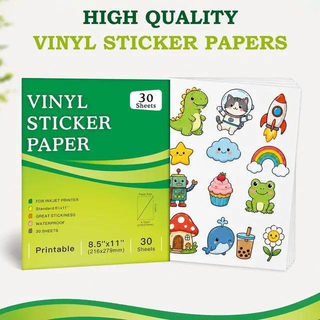 Alt view image 2 of 7 - 30 Sheets Premium Printable Vinyl Sticker Paper for Inkjet Printer, Glossy White Waterproof, Dries Quickly, Vivid Colors, 8.5x11 Inkjet Vinyl Sticker Paper Great for Cutting Machines