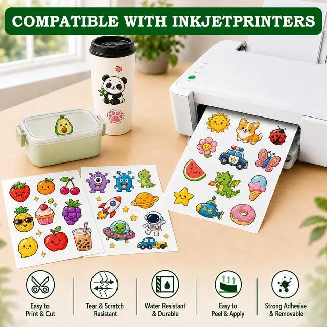 Alt view image 4 of 7 - 30 Sheets Premium Printable Vinyl Sticker Paper for Inkjet Printer, Glossy White Waterproof, Dries Quickly, Vivid Colors, 8.5x11 Inkjet Vinyl Sticker Paper Great for Cutting Machines