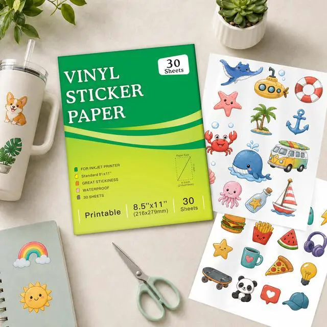 Alt view image 6 of 7 - 30 Sheets Premium Printable Vinyl Sticker Paper for Inkjet Printer, Glossy White Waterproof, Dries Quickly, Vivid Colors, 8.5x11 Inkjet Vinyl Sticker Paper Great for Cutting Machines