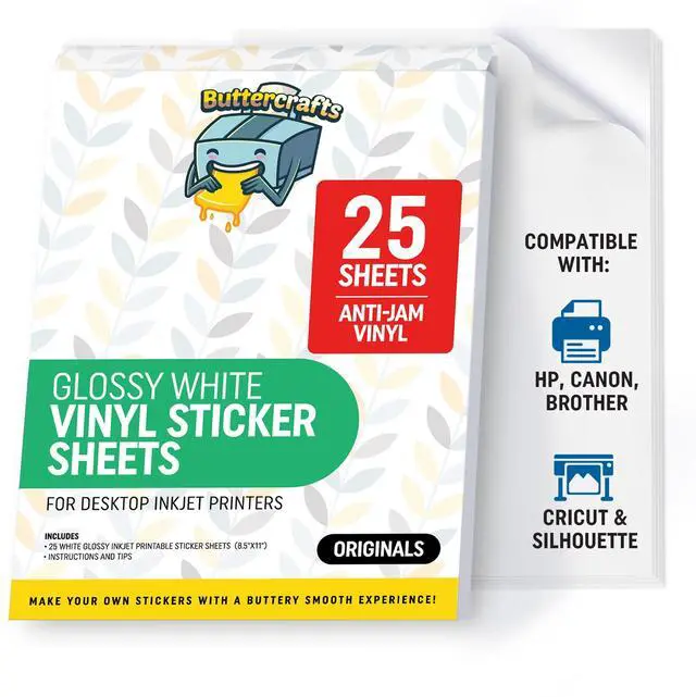 Main image of Glossy Printable Vinyl Sticker Paper Waterproof 25 Sheets 8.5"x11", Inkjet Printer (HP, Canon, Brother Printers Compatible) - Weatherproof White Sticker Sheets - Strong Adhesive