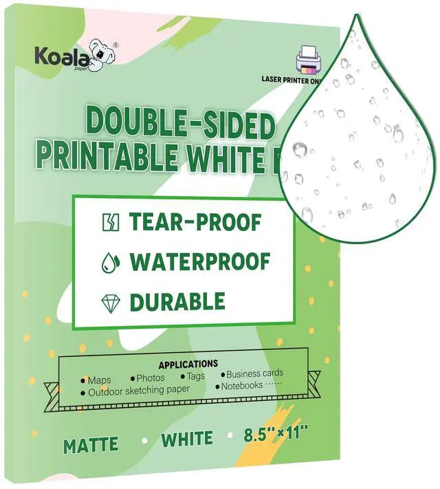 Main image of Waterproof Paper for Laser Printer, Tearproof Printer Paper, Matte Double Sided Printable White Film 8.5x11 In 25 Sheets For Printing Backpacking Maps