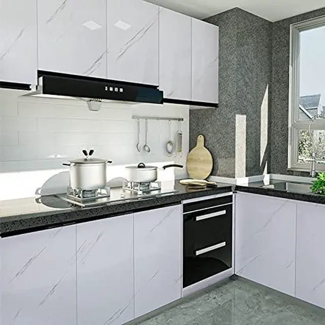 Alt view image 2 of 7 - Glossy Marble Paper Granite Gray/White Wallpaper Peel and Stick Wallpaper Self Adhesive Removable Wallpapers 15.8 ×118 Waterproof Countertop Paper for Cabinet Countertop Furniture Kitchen Viny Film