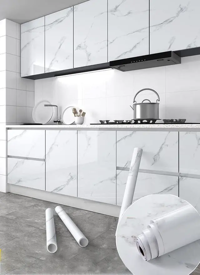Alt view image 4 of 7 - Glossy Marble Paper Granite Gray/White Wallpaper Peel and Stick Wallpaper Self Adhesive Removable Wallpapers 15.8 ×118 Waterproof Countertop Paper for Cabinet Countertop Furniture Kitchen Viny Film