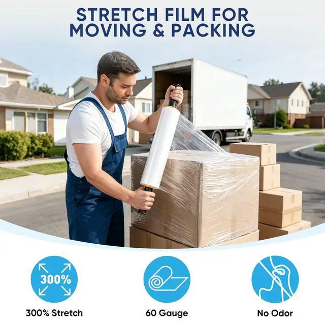 Alt view image 5 of 7 - Stretch Wrap Stretch Film Roll, 1000ft Industrial Strength 15 inch Wide Clear Plastic Wrap with Handles for Pallet Wrapping Shipping Moving