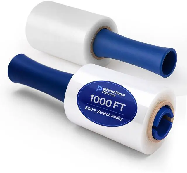 Main image of 2 Pack of 5" Plastic Stretch Film Wrap with Rotating Handles 1000 feet Each 500% Stretch Ability