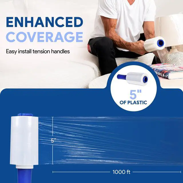 Alt view image 5 of 7 - 2 Pack of 5" Plastic Stretch Film Wrap with Rotating Handles 1000 feet Each 500% Stretch Ability