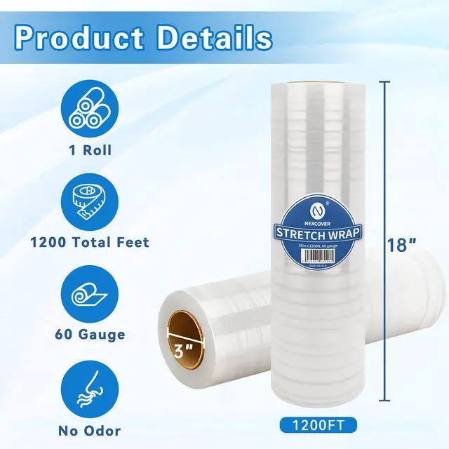 Alt view image 2 of 6 - 18 Inch Stretch Wrap - 1200 Feet | 60 Gauge, 1 Roll Clear Plastic Self-adhering Stretch Wrap Film for Pallet Wrap, Thick and Sturdy Packing Moving Supplies Heavy Duty Shrink Film.