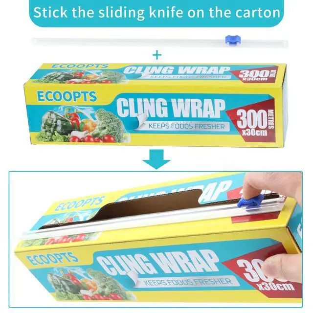 Alt view image 3 of 6 - Plastic Food Wrap- 968 SQ. FT. Kitchen Cling Wrap Includes Slide Cutter BPA-Free Clear Cling Film 30cm×300Meters