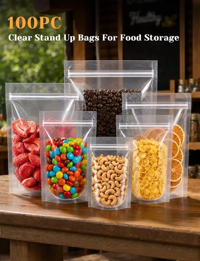 Alt view image 3 of 7 - 100 Pcs Resealable Bags,Outer Size 3.9" x 5.9" (Inner Size 3.5" x 4") Clear Stand Up Zipper Bags for Packaging Products, Herbs, Snacks, Tea, Spices, Pet Food and Soaps