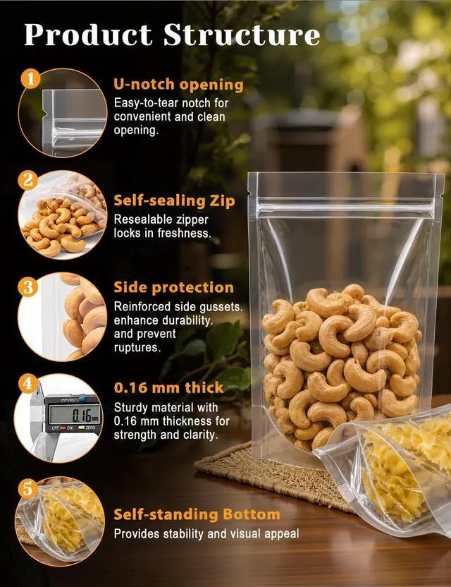 Alt view image 4 of 7 - 100 Pcs Resealable Bags,Outer Size 3.9" x 5.9" (Inner Size 3.5" x 4") Clear Stand Up Zipper Bags for Packaging Products, Herbs, Snacks, Tea, Spices, Pet Food and Soaps