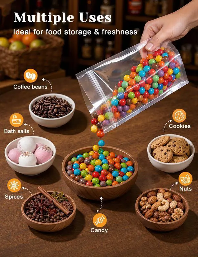 Alt view image 5 of 7 - 100 Pcs Resealable Bags,Outer Size 3.9" x 5.9" (Inner Size 3.5" x 4") Clear Stand Up Zipper Bags for Packaging Products, Herbs, Snacks, Tea, Spices, Pet Food and Soaps