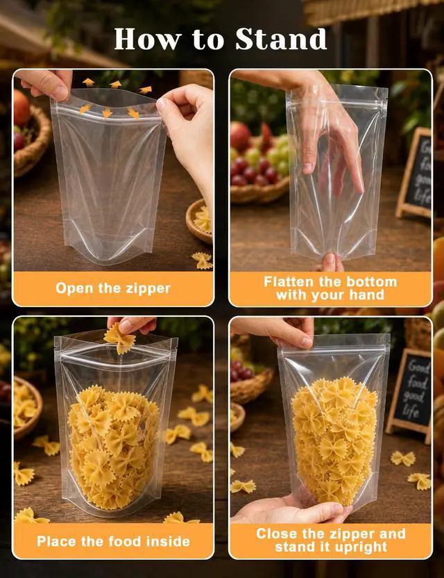 Alt view image 6 of 7 - 100 Pcs Resealable Bags,Outer Size 3.9" x 5.9" (Inner Size 3.5" x 4") Clear Stand Up Zipper Bags for Packaging Products, Herbs, Snacks, Tea, Spices, Pet Food and Soaps