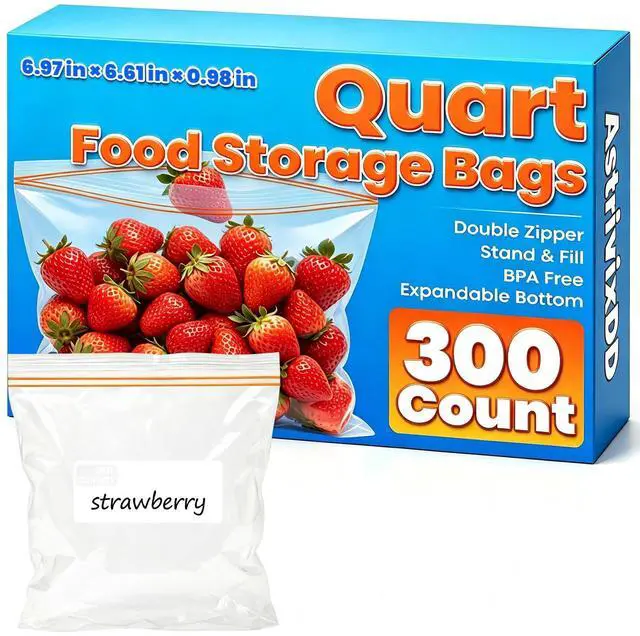 Main image of 300 Count Quart Food Storage Bags, Reclosable Quart Bags with Double Zipper Seal, Plastic Food Storage Bags for Meat, Vegetables, Fruits, SandwichSnackStand-Up Bottom