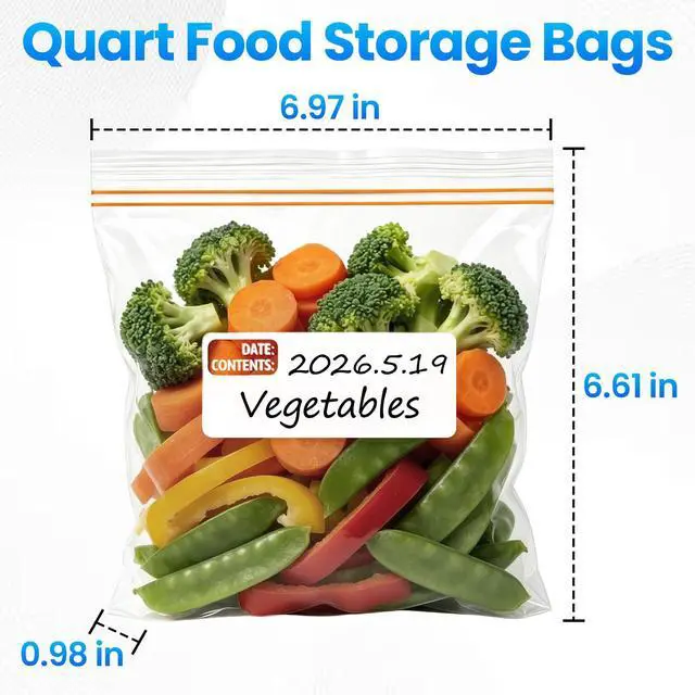 Alt view image 2 of 7 - 300 Count Quart Food Storage Bags, Reclosable Quart Bags with Double Zipper Seal, Plastic Food Storage Bags for Meat, Vegetables, Fruits, SandwichSnackStand-Up Bottom