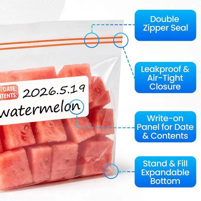 Alt view image 4 of 7 - 300 Count Quart Food Storage Bags, Reclosable Quart Bags with Double Zipper Seal, Plastic Food Storage Bags for Meat, Vegetables, Fruits, SandwichSnackStand-Up Bottom