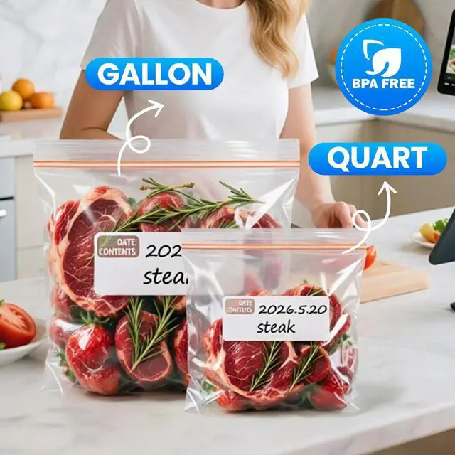 Alt view image 3 of 7 - 300 Count Quart Food Storage Bags, Reclosable Quart Bags with Double Zipper Seal, Plastic Food Storage Bags for Meat, Vegetables, Fruits, SandwichSnackStand-Up Bottom