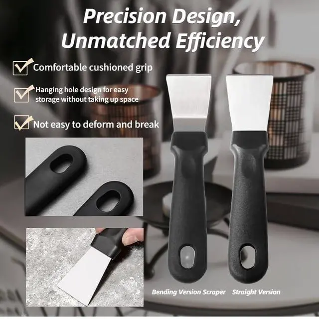 Alt view image 5 of 7 - 2Pcs Cleaning Scraper for Ovens, Stoves, Induction Hob, Stainless Steel Multi-Kitchen Scraperwith 3Pcs Stainless Steel Brass Nylon Brush ,Straight Version + Bending Version (Black)