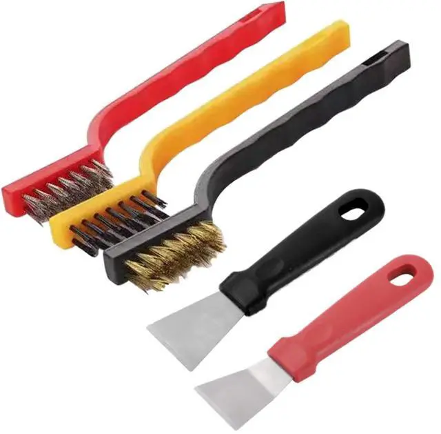Main image of 5Pcs Kitchen Stove Cleaning Brush + Scraper Tool Set, Heavy Duty Scraper for Gas Burners Cooktop Pot Pan Brass, Stainless Steel and Nylon Brush Head Brushes for Range Hood Grease Grime