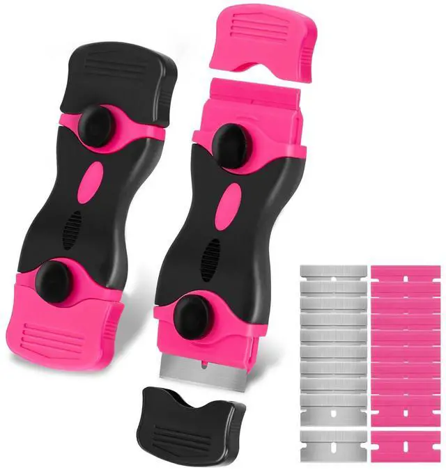 Main image of Razor Blade Scraper - Pink Razor Scraper Gift for Women, 2-in-1 Scraper Tool Set with 20Pcs Razor Blades for Removing Window Labels, Decals, Stickers, Glass Stove Top (2 Pack)