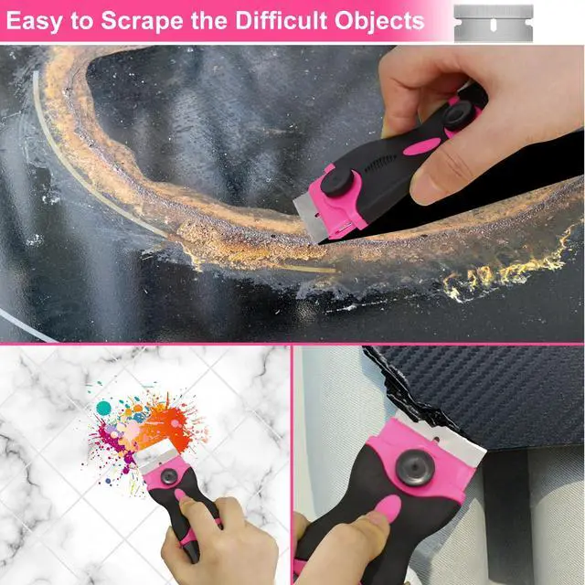 Alt view image 4 of 7 - Razor Blade Scraper - Pink Razor Scraper Gift for Women, 2-in-1 Scraper Tool Set with 20Pcs Razor Blades for Removing Window Labels, Decals, Stickers, Glass Stove Top (2 Pack)