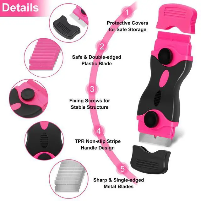 Alt view image 5 of 7 - Razor Blade Scraper - Pink Razor Scraper Gift for Women, 2-in-1 Scraper Tool Set with 20Pcs Razor Blades for Removing Window Labels, Decals, Stickers, Glass Stove Top (2 Pack)