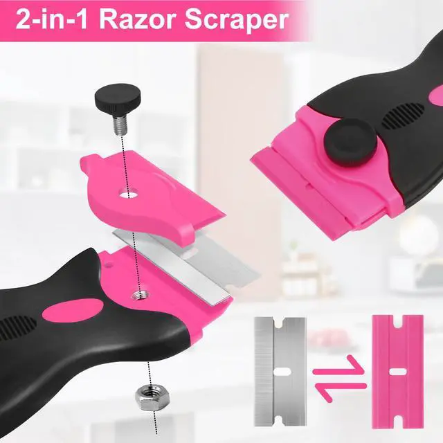 Alt view image 2 of 7 - Razor Blade Scraper - Pink Razor Scraper Gift for Women, 2-in-1 Scraper Tool Set with 20Pcs Razor Blades for Removing Window Labels, Decals, Stickers, Glass Stove Top (2 Pack)
