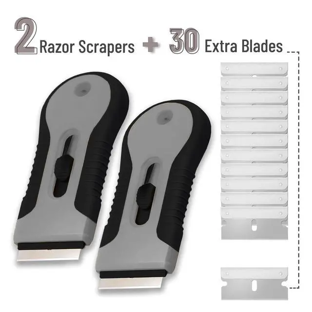 Alt view image 2 of 7 - Razor Blade Scraper Tool, 2 Pack, 30 Extra Stainless Steel Blades, Anti-Slip Ergonomic Handle Design, Razor Scraper Set for Cleaning Window, Paint, Oven, Glass, Stove