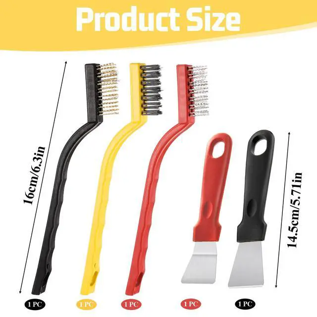 Alt view image 2 of 7 - 5 Pack Kitchen Stove Cleaning Brush + Scraper Tool Set, Stainless Steel and Nylon Brush Head Brushes Heavy Duty Scraper for Gas Burners Cooktop Pan Brass Kitchen, Bathroom, Range Hood Grease Grime