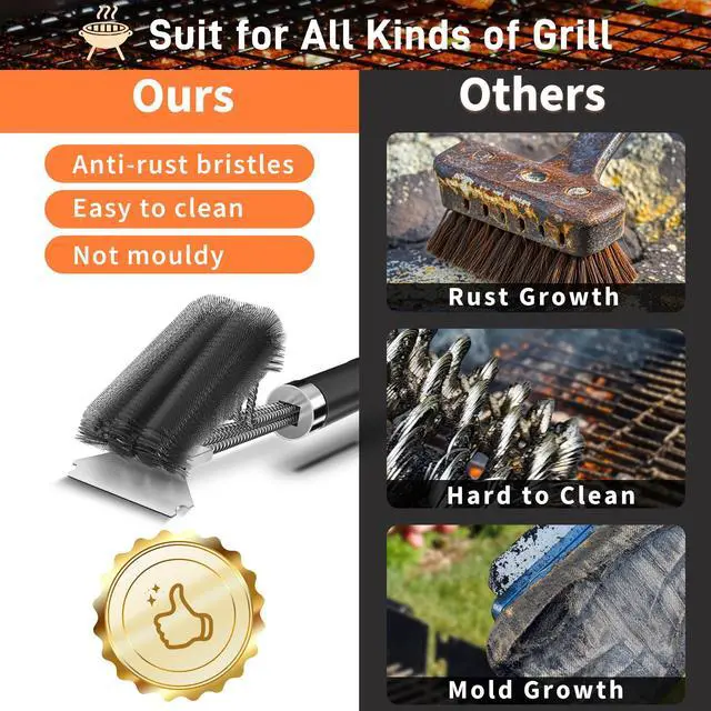Alt view image 3 of 7 - Grill Brush and Scraper-18 Adjustable Handle Safe BBQ Grill Brush for Outdoor Grill-Deep BBQ Clearning Brush wih Bottle Operner Extra Strong Grill Cleaner Accessories for Gas/Charcoal Grilling Grates
