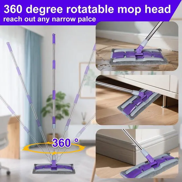 Alt view image 3 of 7 - Microfiber Mops for Floor Cleaning ,Wet Dry Flat Mop with Stainless Steel Telescopic Handle,4 Reusable Mop Pads , Dust Mop for Hardwood Floors ,Home,Laminate,Tile,Hardwoods Cleaning (Purple)