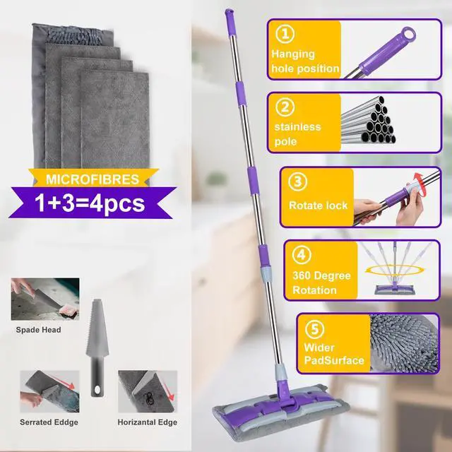 Alt view image 4 of 7 - Microfiber Mops for Floor Cleaning ,Wet Dry Flat Mop with Stainless Steel Telescopic Handle,4 Reusable Mop Pads , Dust Mop for Hardwood Floors ,Home,Laminate,Tile,Hardwoods Cleaning (Purple)