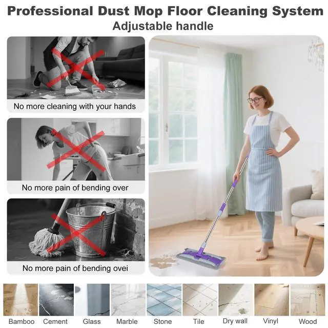 Alt view image 6 of 7 - Microfiber Mops for Floor Cleaning ,Wet Dry Flat Mop with Stainless Steel Telescopic Handle,4 Reusable Mop Pads , Dust Mop for Hardwood Floors ,Home,Laminate,Tile,Hardwoods Cleaning (Purple)