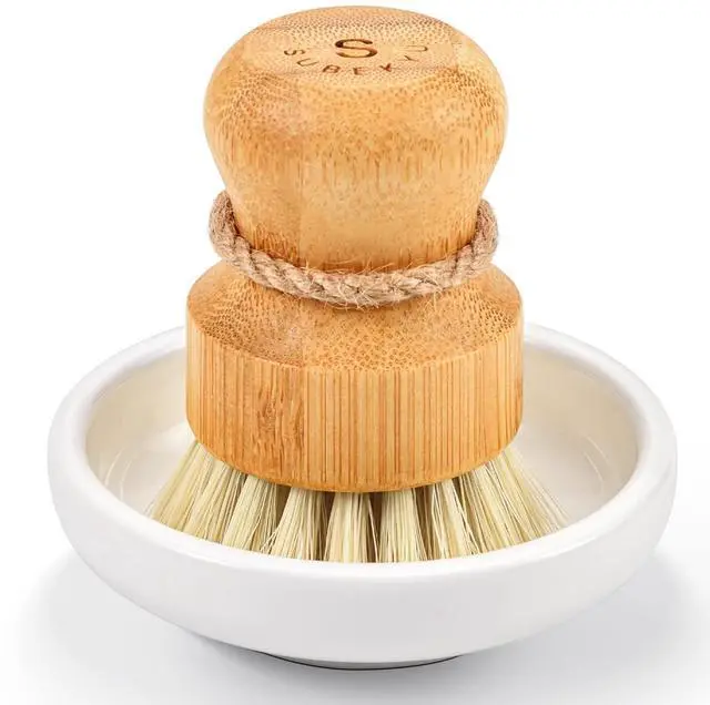 Main image of Bamboo Dish Scrub Brush for Kitchen Sink, Natural Wooden Washing Dish Brush Scrubber with Sisal Bristles for Household Cleaning, Cast Iron Pots, Pans and Vegetables
