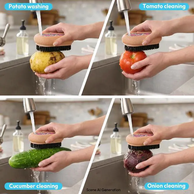 Alt view image 6 of 7 - Fruit and Vegetable Brush, Multi-Purpose Produce Scrubber Brush with Non-Slip Handle & Hanging Loop