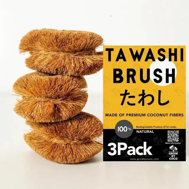 Alt view image 4 of 5 - Pack of 3 Tawashi Vegetable Scrub Brush,100% Natural Coconut Coir Fiber VegetableBrush, Ideal for Fruit Scrub, Dish Brush for Kitchen Cleaning Needs, Kamenoko Japanese Design