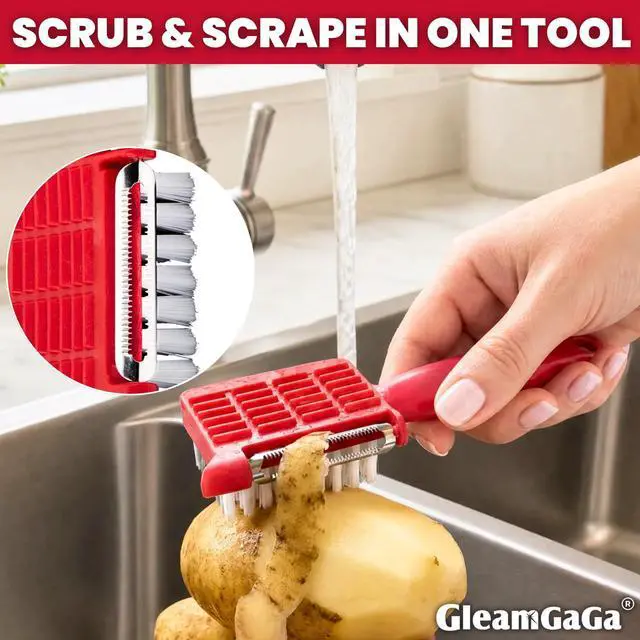 Main image of 2 Pack Vegetable Brush & Potato Scrubber Set with Built-in Stainless Steel Peeler, Vegetable Scrubber for Food with Dual Bristles & Potato Eye Remover for Potatoes, Carrots, Mushrooms & More