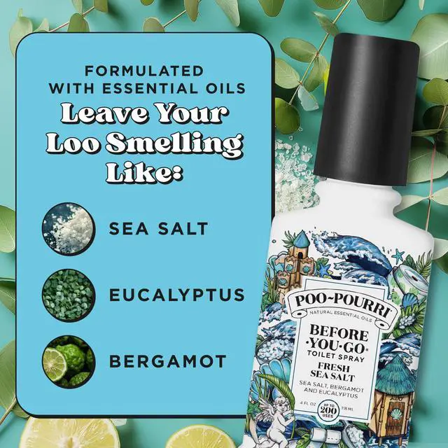 Alt view image 4 of 7 - Before-You-Go Toilet Spray, Fresh Sea Salt, 4 Fl Oz, Up to 200 Uses, Bathroom Odor Deodorizer, Plant-Based with Essential Oils, for Home or Work, Sea Salt, Bergamot & Eucalyptus Scent