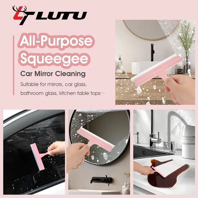 Alt view image 5 of 6 - 5" Silicone Shower Squeegee for Glass Doors & Car Windows - Small & Mini Size Streak-Free Cleaner, Bathroom, Mirror, Tile Scraper - Compact Pink with Hanging Hole, Kitchen Safe Water Blade