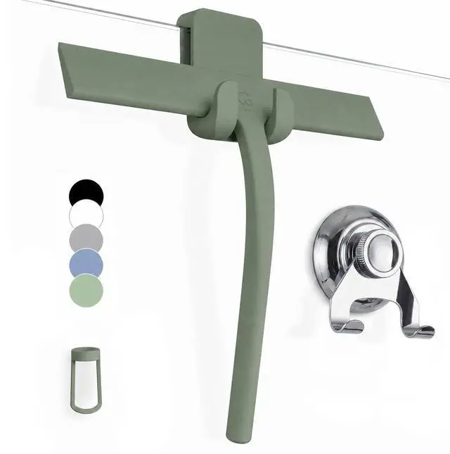 Main image of Silicone Shower Squeegee for Glass Doors & Mirrors with Stainless Steel Core, Streak-Free & No-Squeak Window Cleaning, 3-in-1 No-Drill Mount (Hook/Suction/Adhesive),Green, 9 Inches