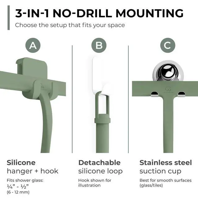 Alt view image 3 of 7 - Silicone Shower Squeegee for Glass Doors & Mirrors with Stainless Steel Core, Streak-Free & No-Squeak Window Cleaning, 3-in-1 No-Drill Mount (Hook/Suction/Adhesive),Green, 9 Inches