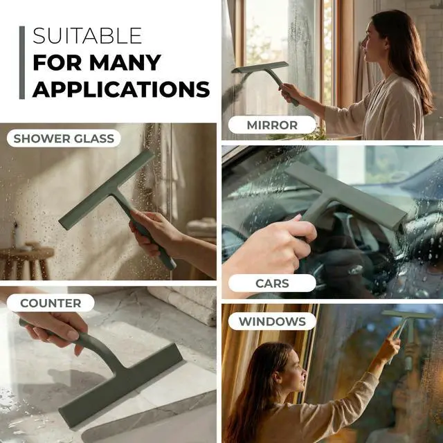 Alt view image 6 of 7 - Silicone Shower Squeegee for Glass Doors & Mirrors with Stainless Steel Core, Streak-Free & No-Squeak Window Cleaning, 3-in-1 No-Drill Mount (Hook/Suction/Adhesive),Green, 9 Inches