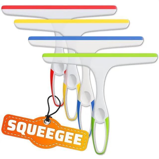 Main image of 4Pcs 9.5 Hand Squeegee for Shower Glass - Durable Plastic Grip, Random Colors, Flexible Silicone Blade, Easy Hanging Hook, Lightweight Ergonomic Shower Squeegee for Glass Doors, Windows, and Tiles
