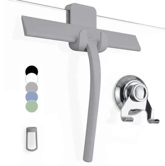 Main image of Silicone Shower Squeegee for Glass Doors & Mirrors with Stainless Steel Core, Streak-Free & No-Squeak Window Cleaning, 3-in-1 No-Drill Mount (Hook/Suction/Adhesive),Gray, 9 Inches